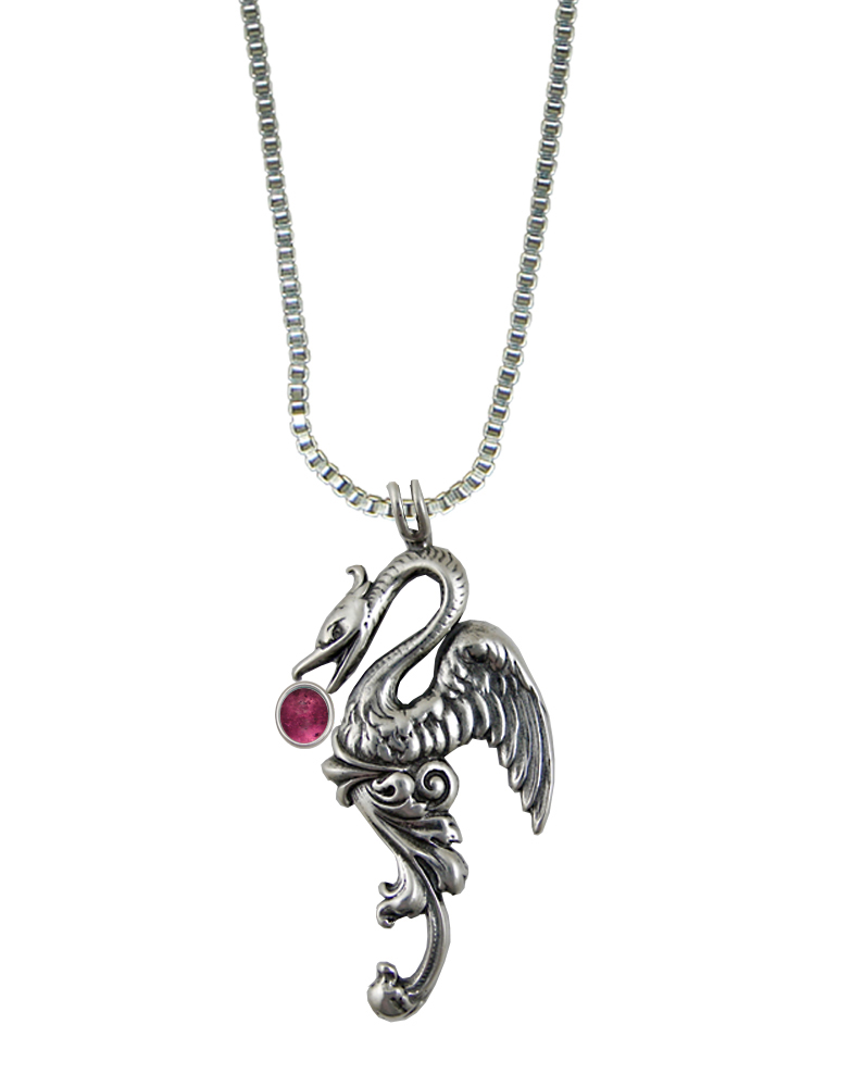 Sterling Silver Medieval Phoenix Sun Bird Pendant With Pink Tourmaline